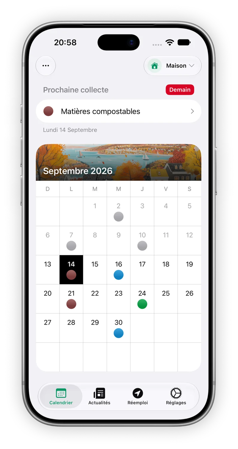 Calendrier de collecte dans l'application, avec la prochaine collecte prévue demain